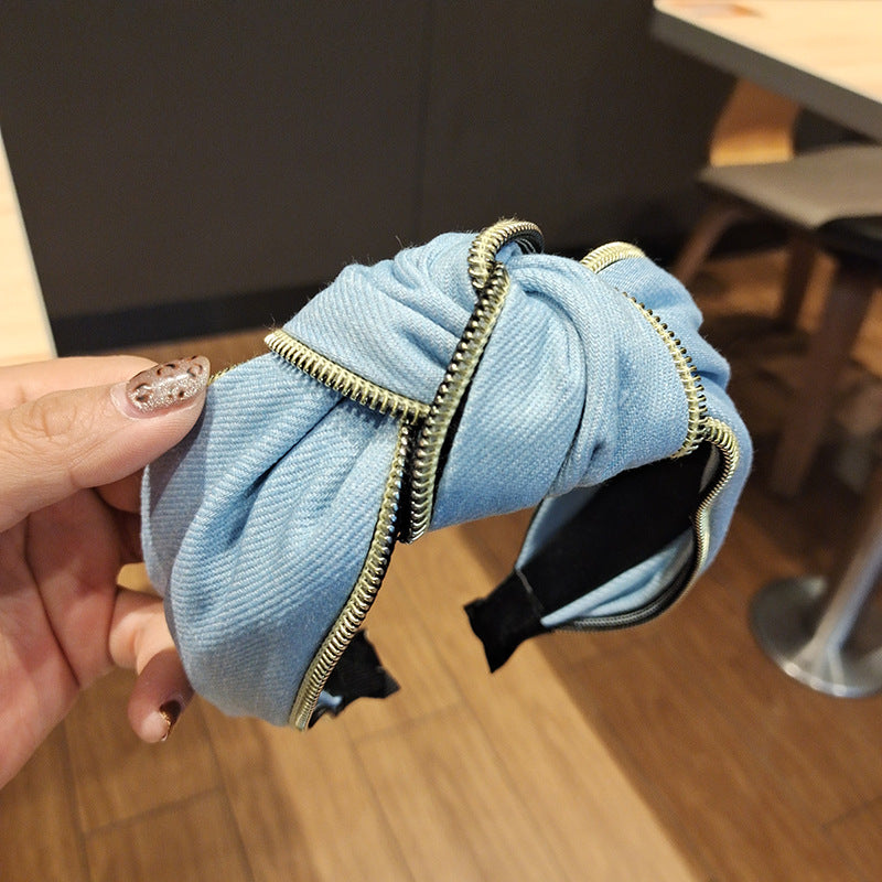 Wholesale Denim Wide Brim Fabric Zipper Headband